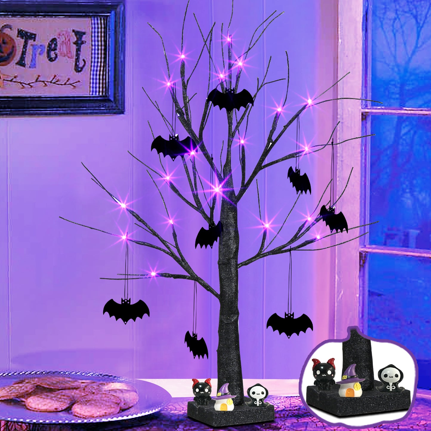 EAMBRITE halloweenský strom, 60 cm černý hrozivý strom s 24 LED fialovými světly a 8 netopýry