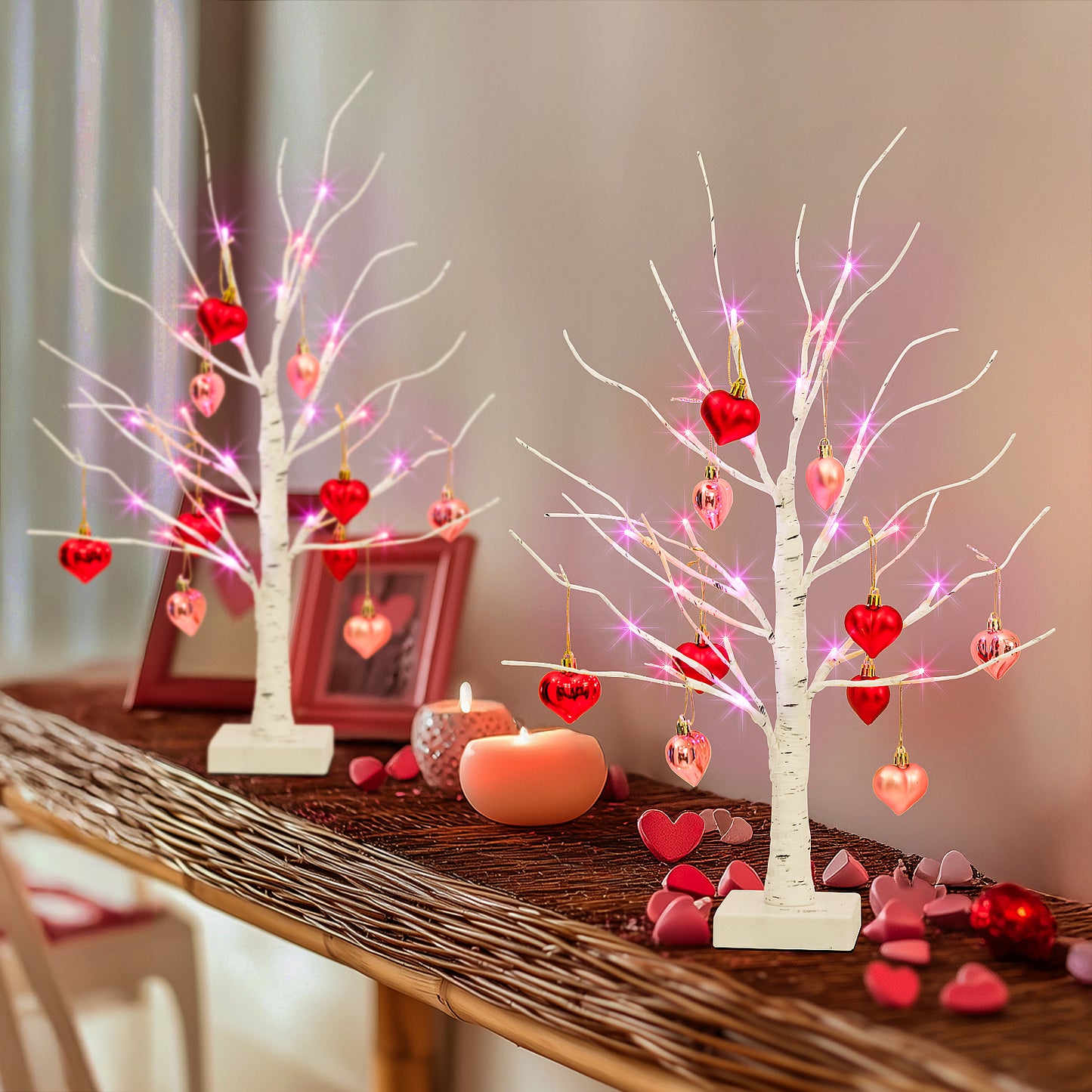 2Pack Birch Tree with Heart-Shaped Ornaments, Lighted Artificial Tree with 24 LED Pink&Red Lights