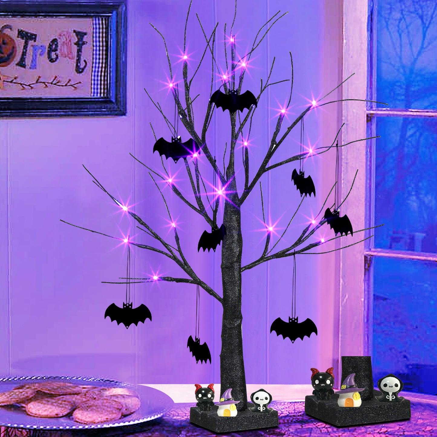 EAMBRITE halloweenský strom, 60 cm černý hrozivý strom s 24 LED fialovými světly a 8 netopýry