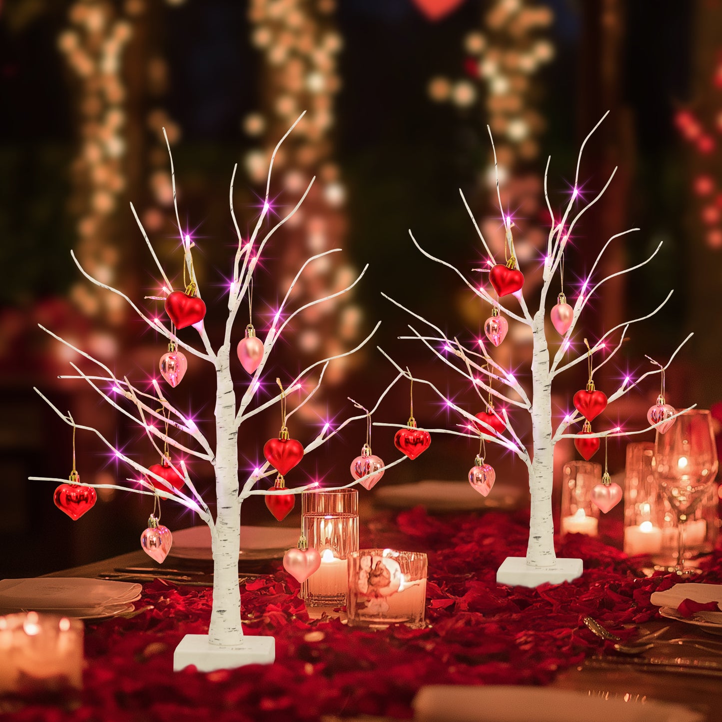 2Pack Birch Tree with Heart-Shaped Ornaments, Lighted Artificial Tree with 24 LED Pink&Red Lights