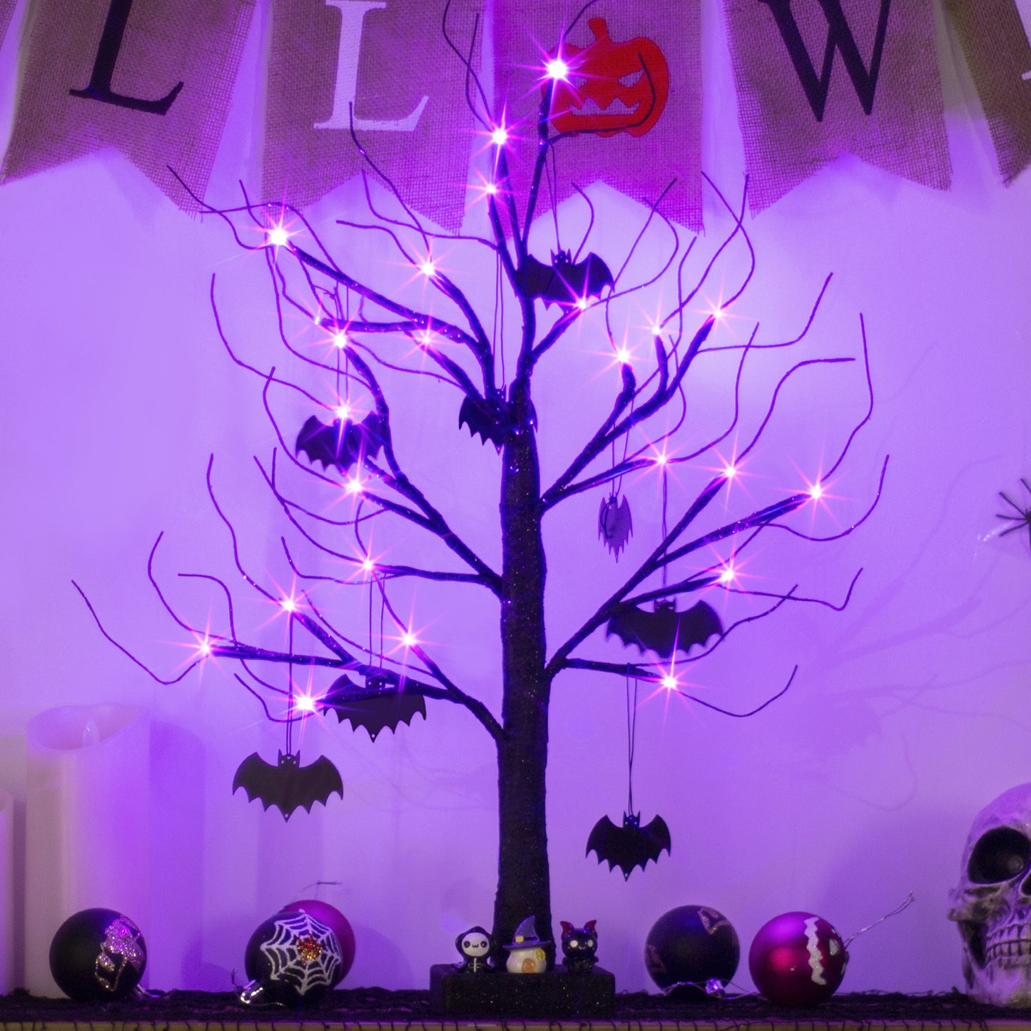 EAMBRITE halloweenský strom, 60 cm černý hrozivý strom s 24 LED fialovými světly a 8 netopýry
