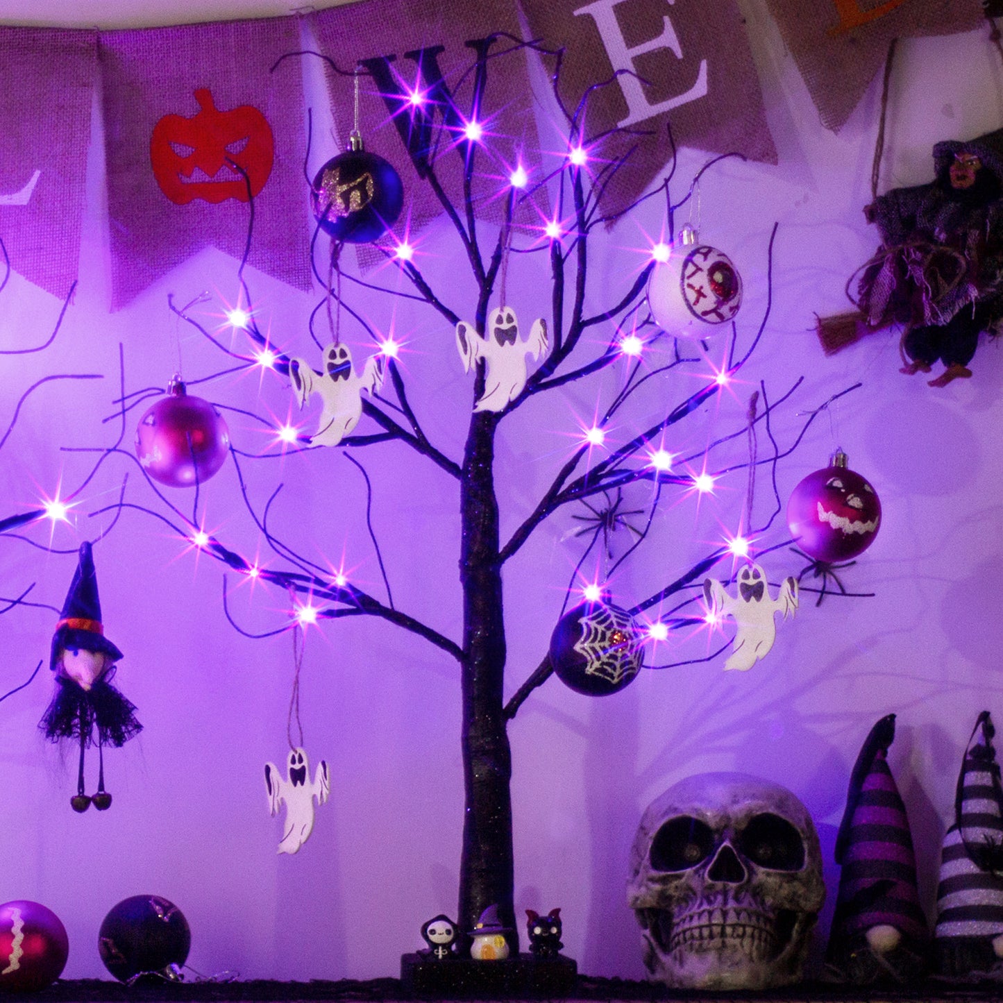EAMBRITE halloweenský strom, 60 cm černý hrozivý strom s 24 LED fialovými světly a 8 netopýry