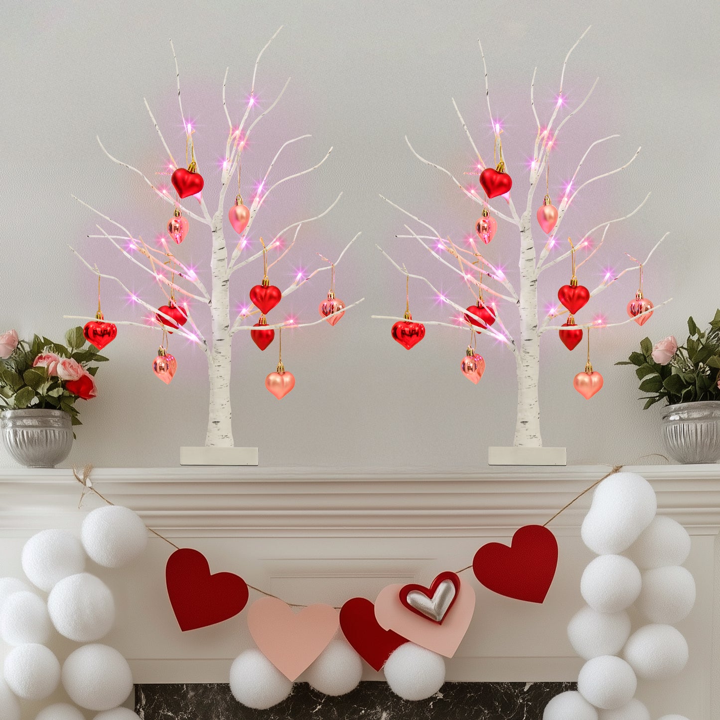 2Pack Birch Tree with Heart-Shaped Ornaments, Lighted Artificial Tree with 24 LED Pink&Red Lights