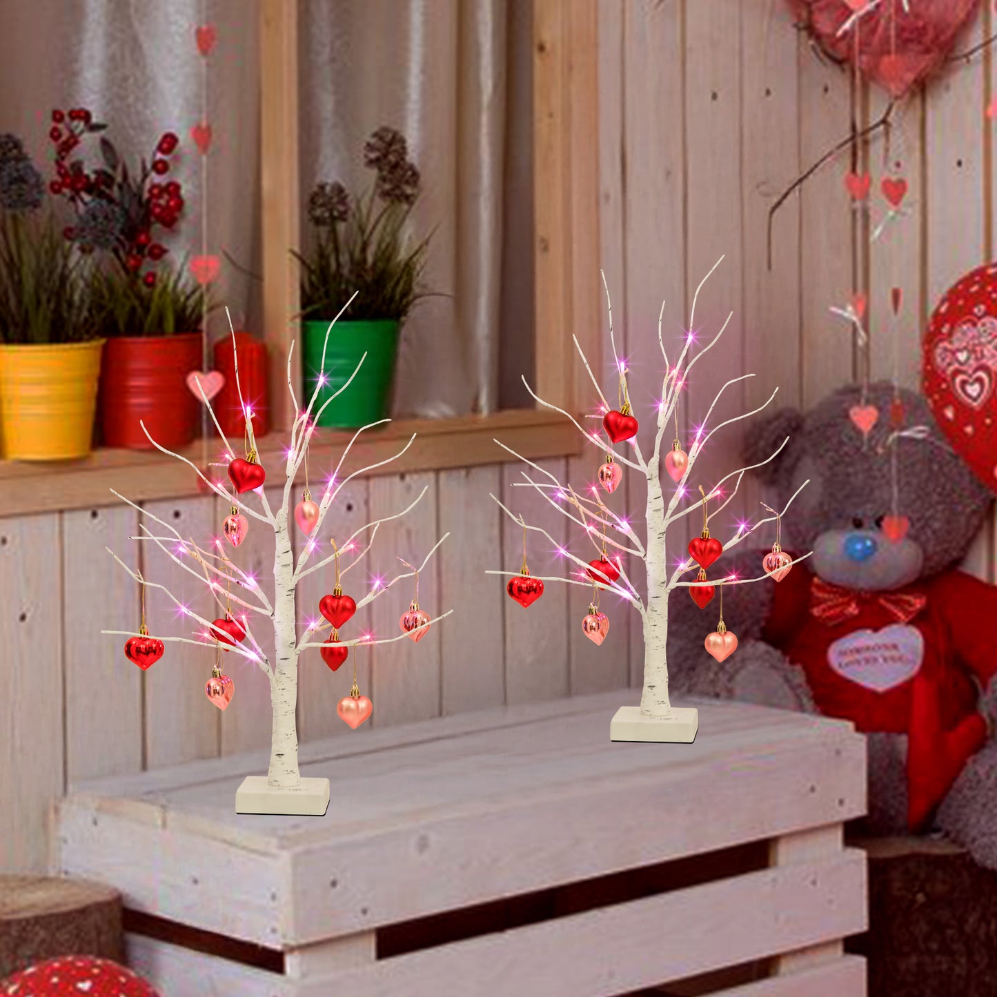 2Pack Birch Tree with Heart-Shaped Ornaments, Lighted Artificial Tree with 24 LED Pink&Red Lights