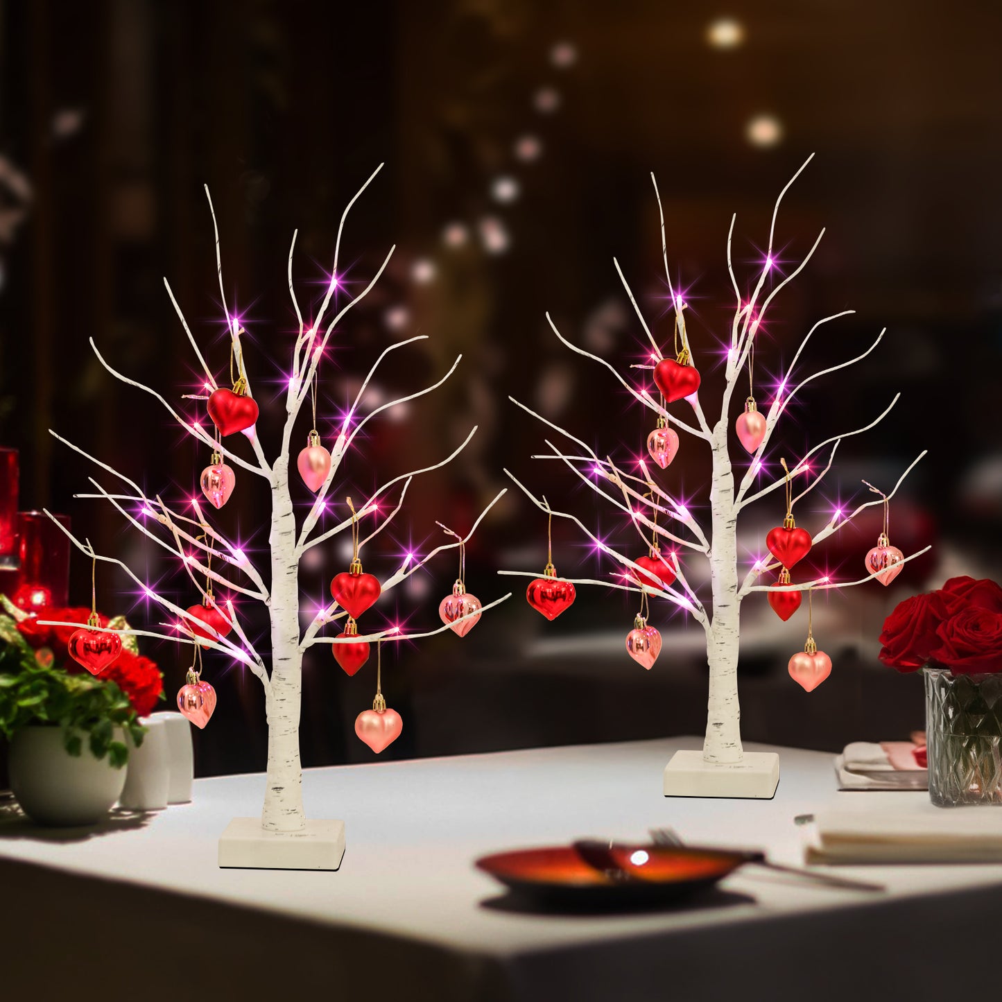 2Pack Birch Tree with Heart-Shaped Ornaments, Lighted Artificial Tree with 24 LED Pink&Red Lights