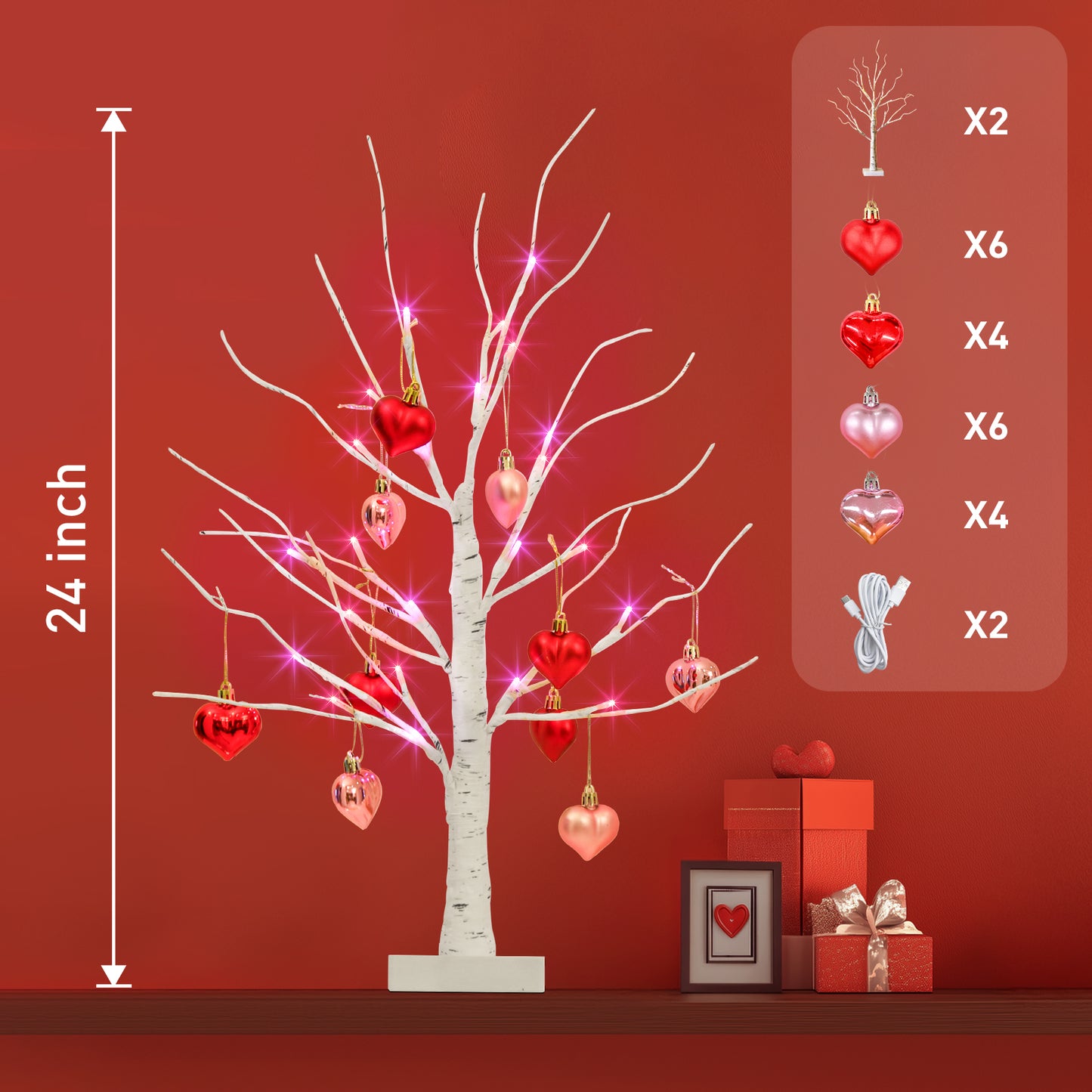 2Pack Birch Tree with Heart-Shaped Ornaments, Lighted Artificial Tree with 24 LED Pink&Red Lights