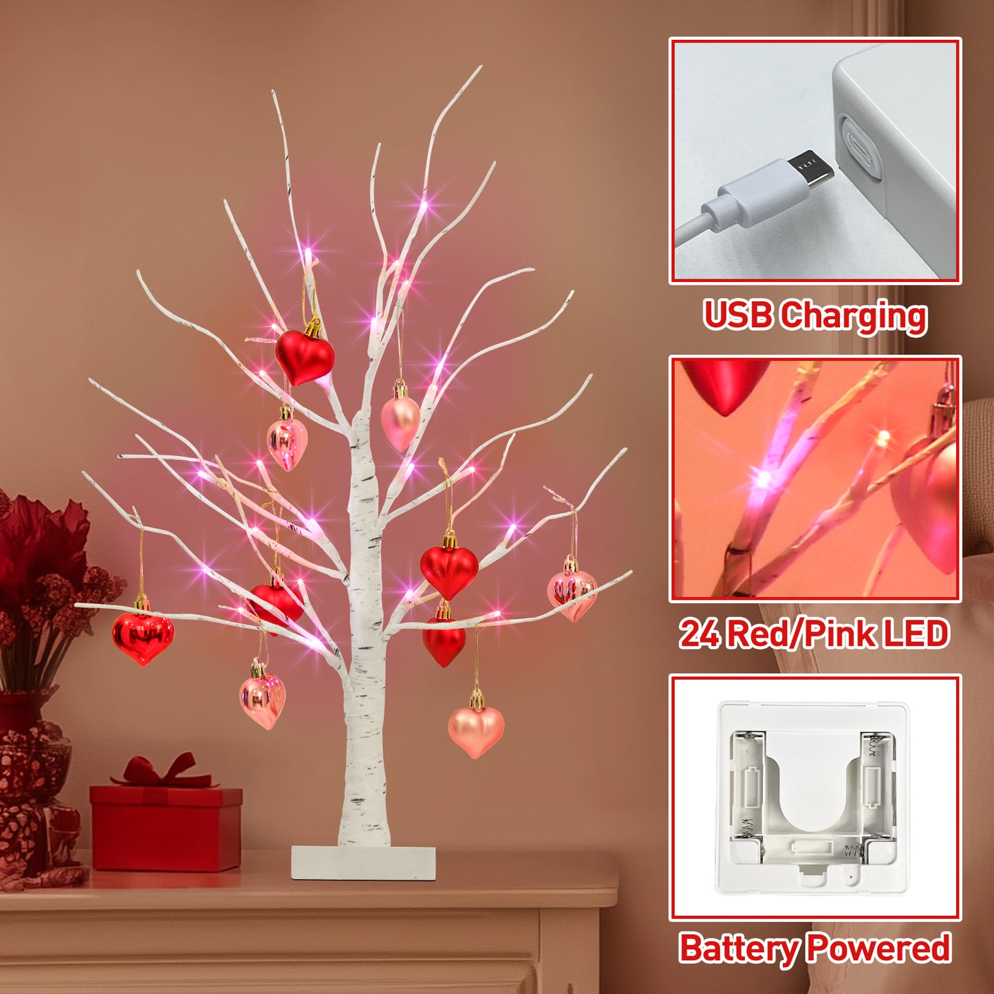 2Pack Birch Tree with Heart-Shaped Ornaments, Lighted Artificial Tree with 24 LED Pink&Red Lights