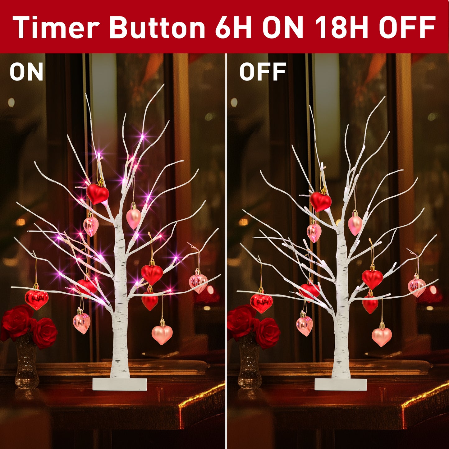 2Pack Birch Tree with Heart-Shaped Ornaments, Lighted Artificial Tree with 24 LED Pink&Red Lights