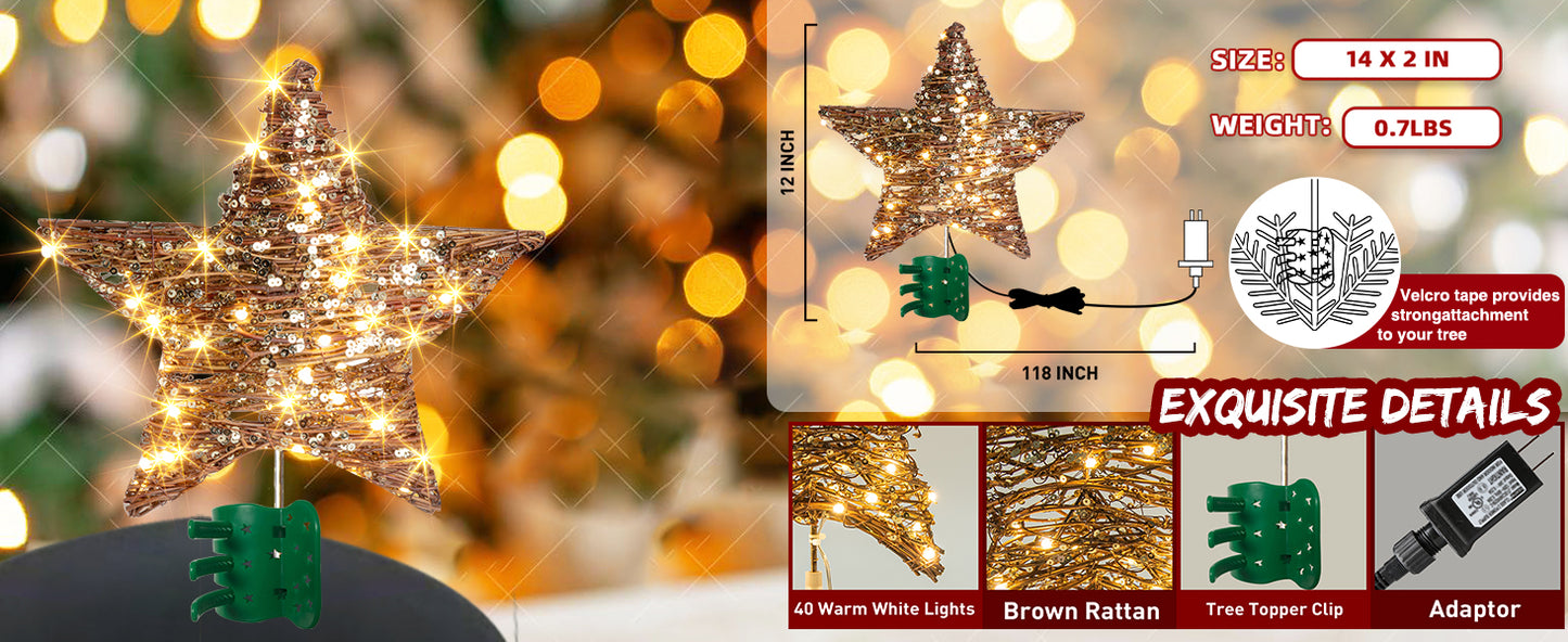 EAMBRITE 34 cm Weihnachtsbaumspitze aus Rattan mit 40 LEDs
