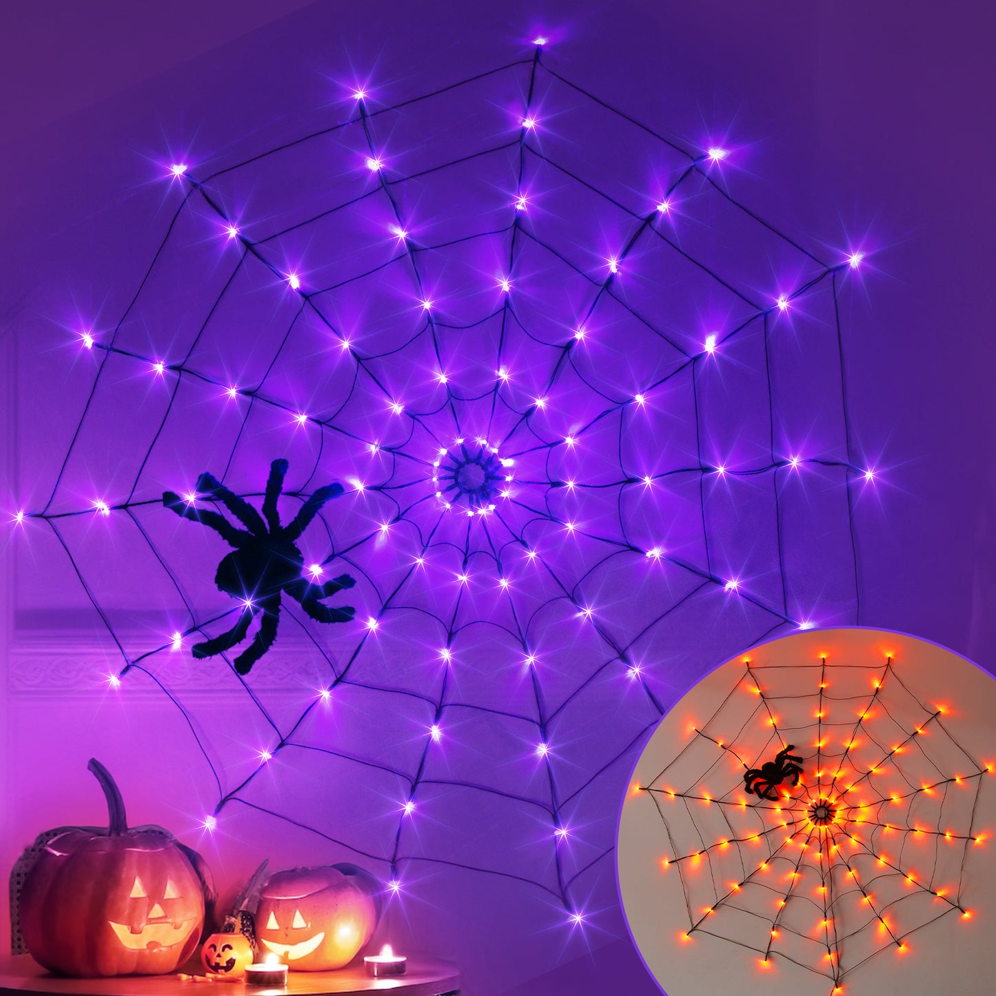 EAMBRITE 万圣节蜘蛛网灯,带 84 个 LED 橙色/紫色灯
