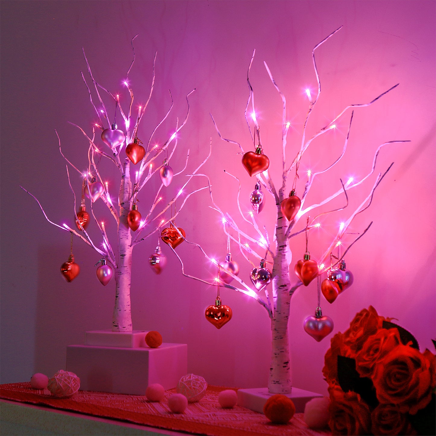 2Pack Birch Tree with Heart-Shaped Ornaments, Lighted Artificial Tree with 24 LED Pink&Red Lights