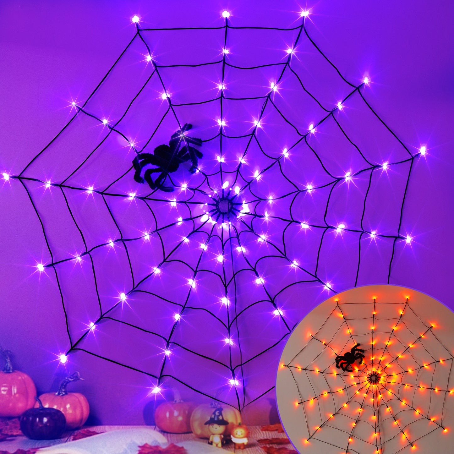 EAMBRITE 万圣节蜘蛛网灯,带 84 个 LED 橙色/紫色灯