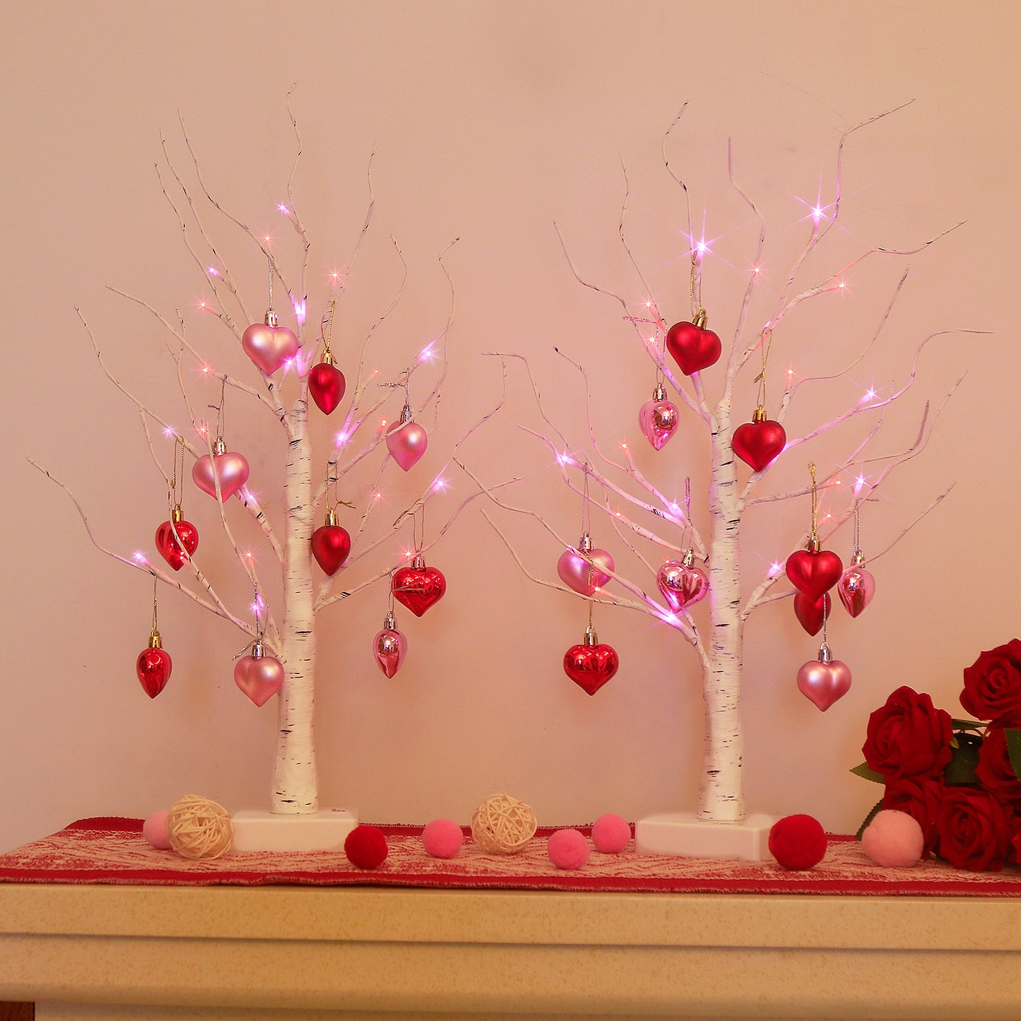 2Pack Birch Tree with Heart-Shaped Ornaments, Lighted Artificial Tree with 24 LED Pink&Red Lights