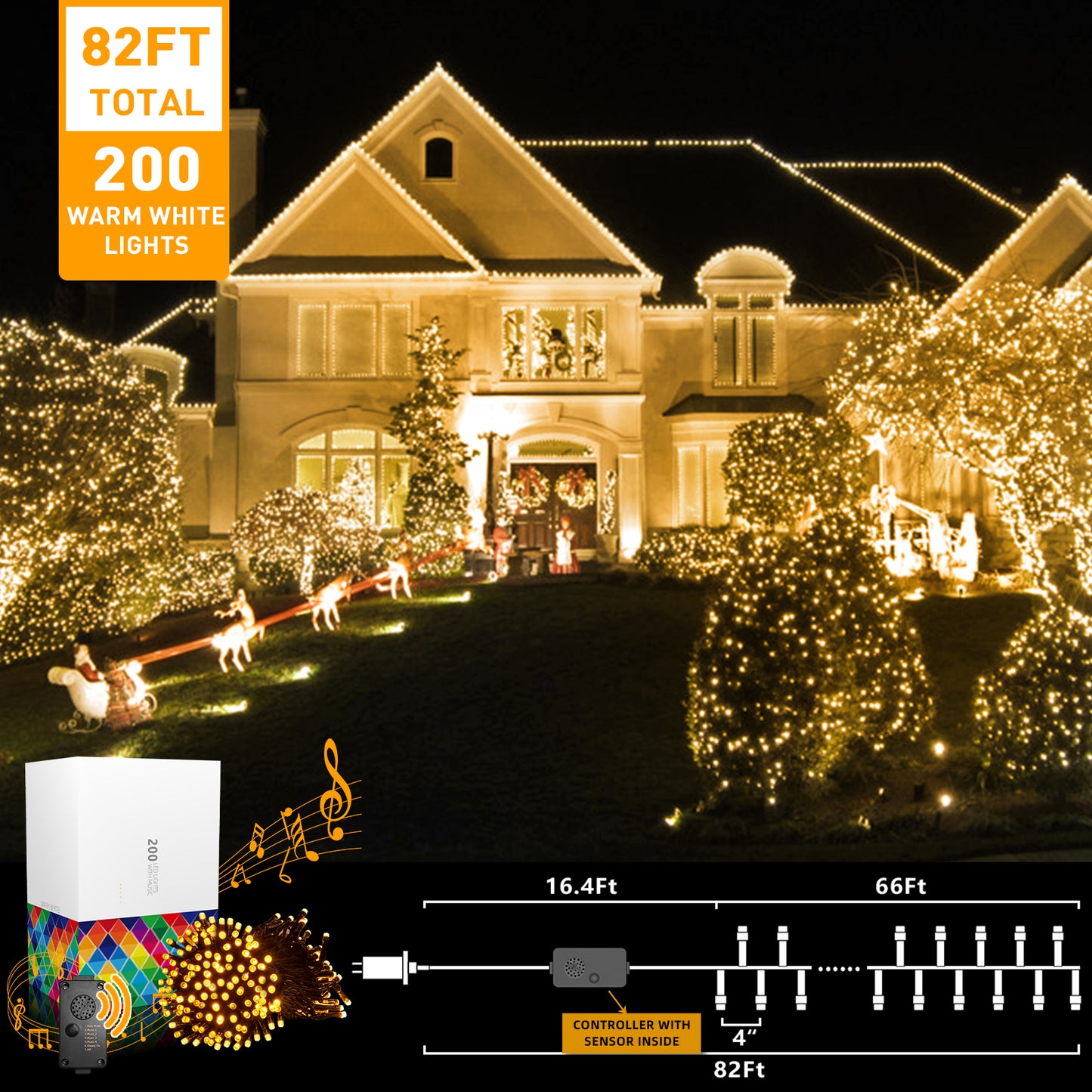 EAMBRITE 25m Lichterkette mit 200 warmweißen LEDs und fröhlicher Musik für Außendekoration