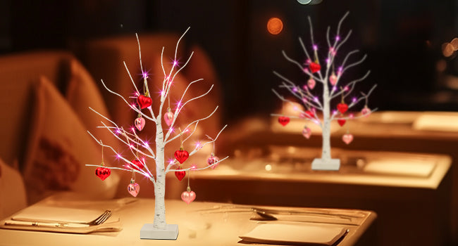 2Pack Birch Tree with Heart-Shaped Ornaments, Lighted Artificial Tree with 24 LED Pink&Red Lights