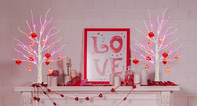 2Pack Birch Tree with Heart-Shaped Ornaments, Lighted Artificial Tree with 24 LED Pink&Red Lights