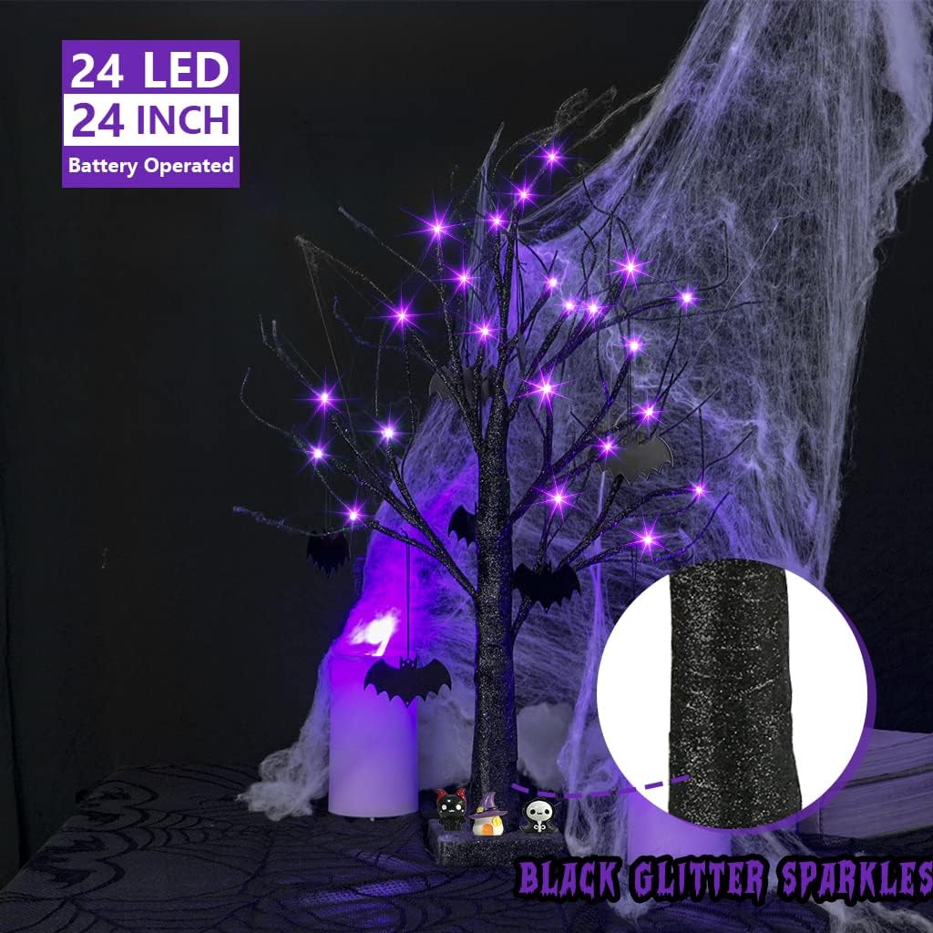 EAMBRITE halloweenský strom, 60 cm černý hrozivý strom s 24 LED fialovými světly a 8 netopýry