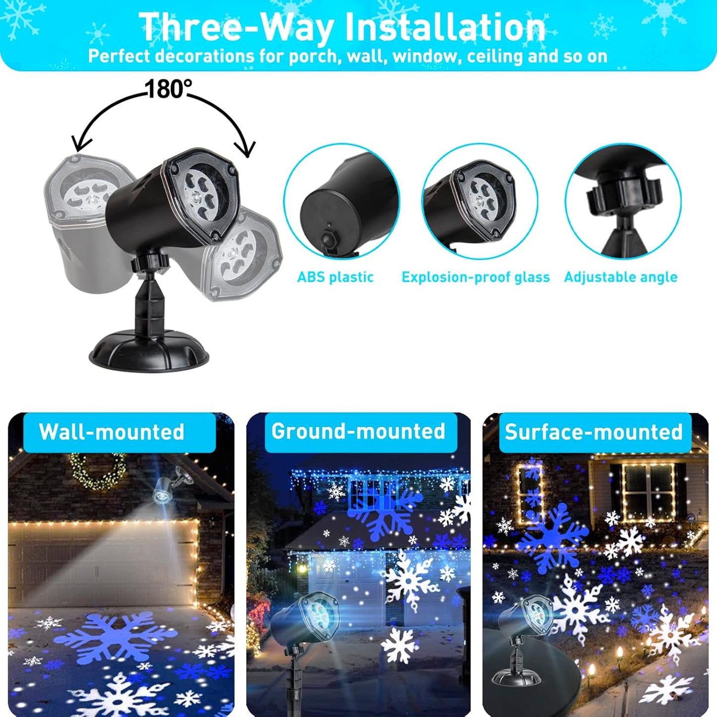 EAMBRITE Weihnachten Projektor, LED Weiß-Blau rotierender Schneeflocken - Projektorlichter