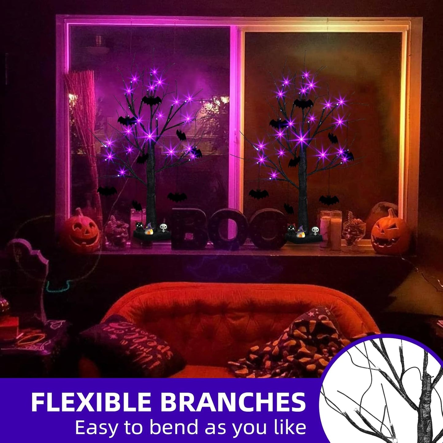 EAMBRITE halloweenský strom, 60 cm černý hrozivý strom s 24 LED fialovými světly a 8 netopýry