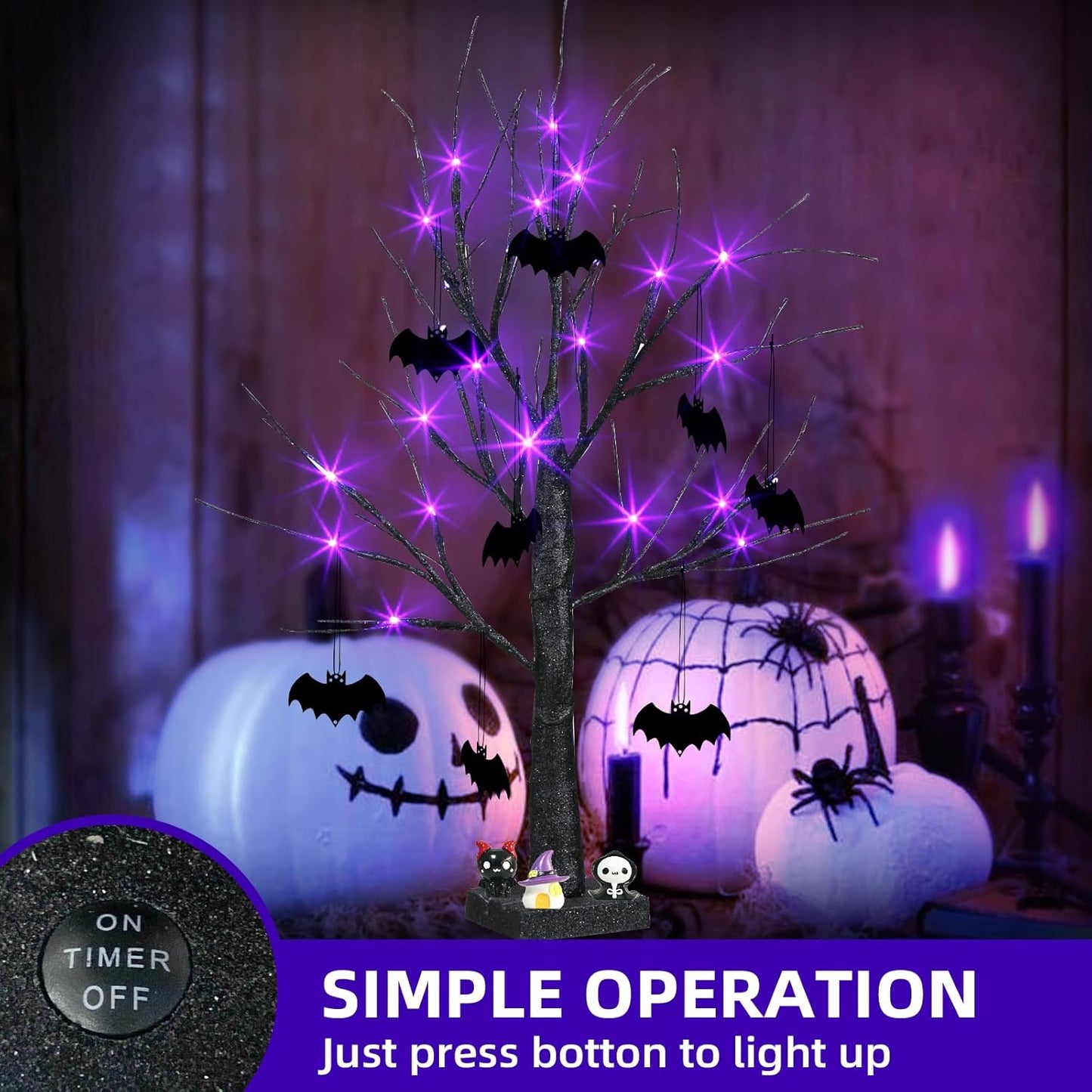 EAMBRITE halloweenský strom, 60 cm černý hrozivý strom s 24 LED fialovými světly a 8 netopýry