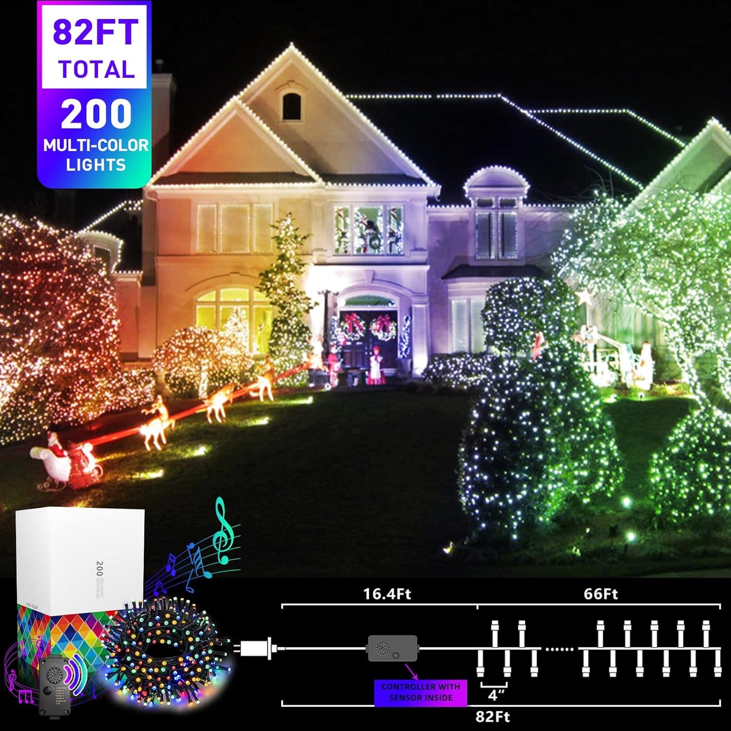 EAMBRITE vánoční světla pro venkov, 25 m 200 LED vánoční světla s veselou hudbou