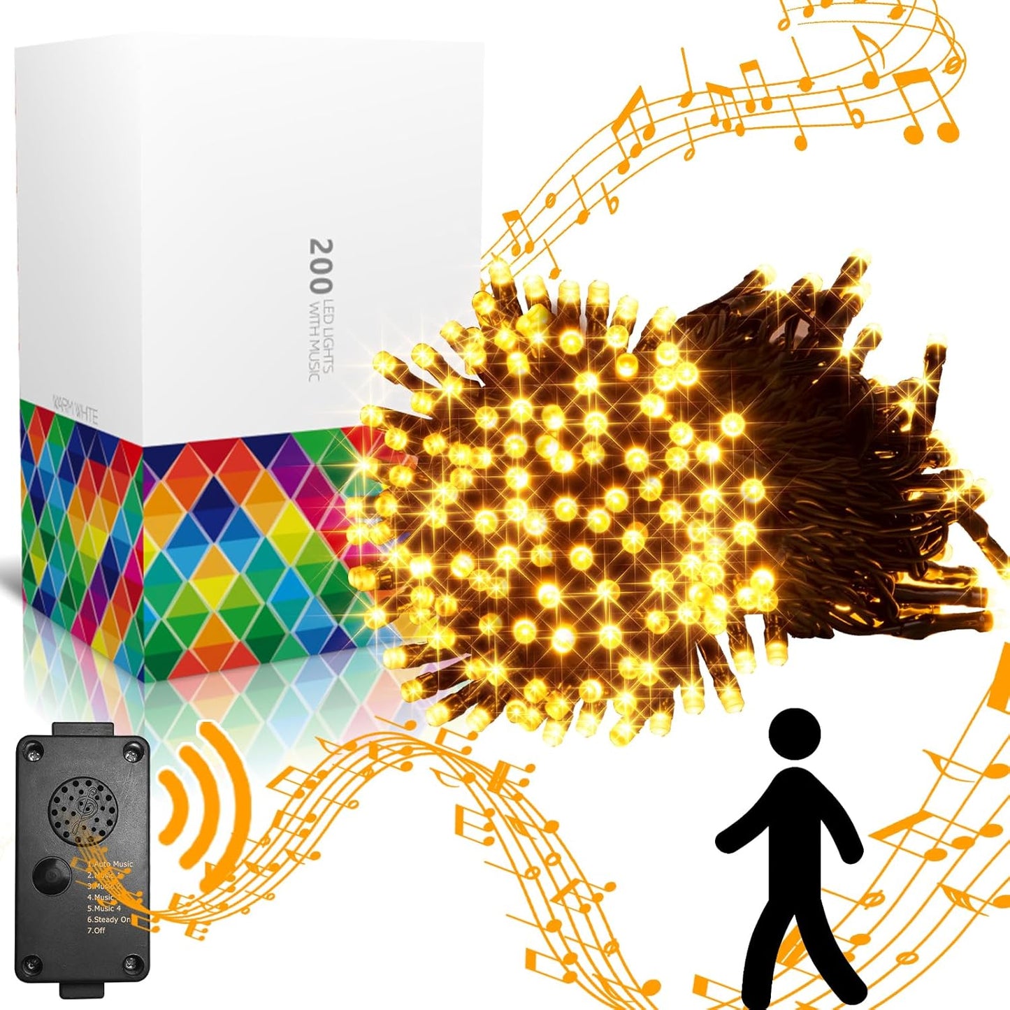 EAMBRITE 25m Lichterkette mit 200 warmweißen LEDs und fröhlicher Musik für Außendekoration