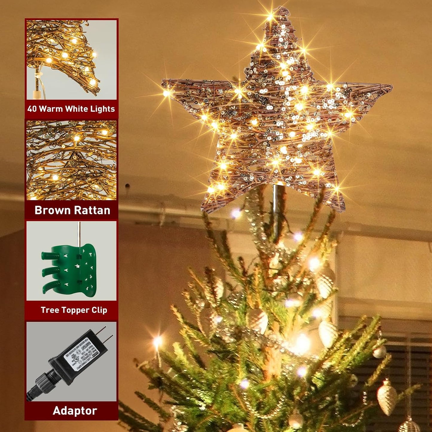 EAMBRITE 34 cm Weihnachtsbaumspitze aus Rattan mit 40 LEDs