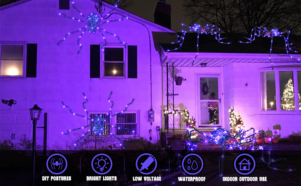 EAMBRITE 5 英尺万圣节巨型蜘蛛,户外点亮蜘蛛,带 84 个 LED 紫色灯