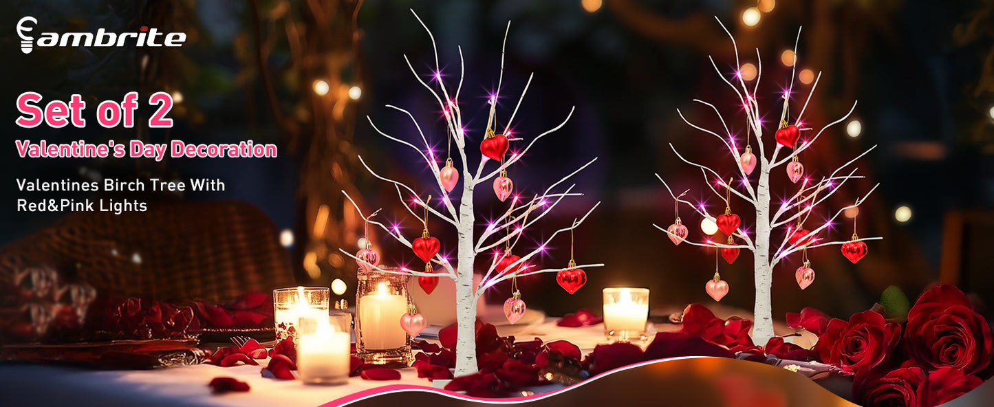 2Pack Birch Tree with Heart-Shaped Ornaments, Lighted Artificial Tree with 24 LED Pink&Red Lights