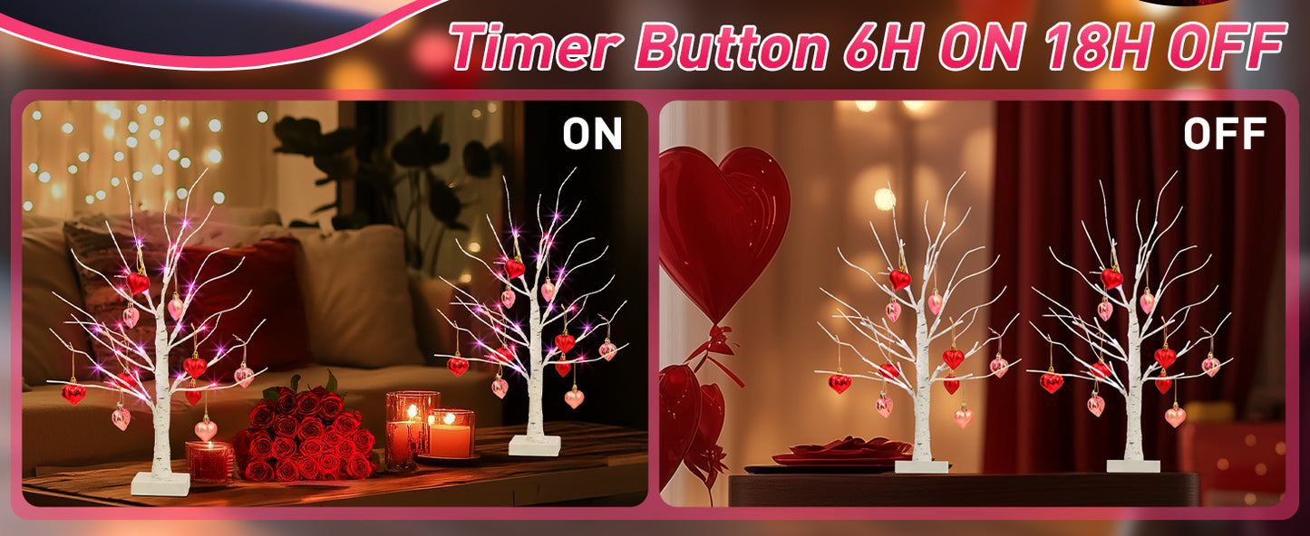 2Pack Birch Tree with Heart-Shaped Ornaments, Lighted Artificial Tree with 24 LED Pink&Red Lights