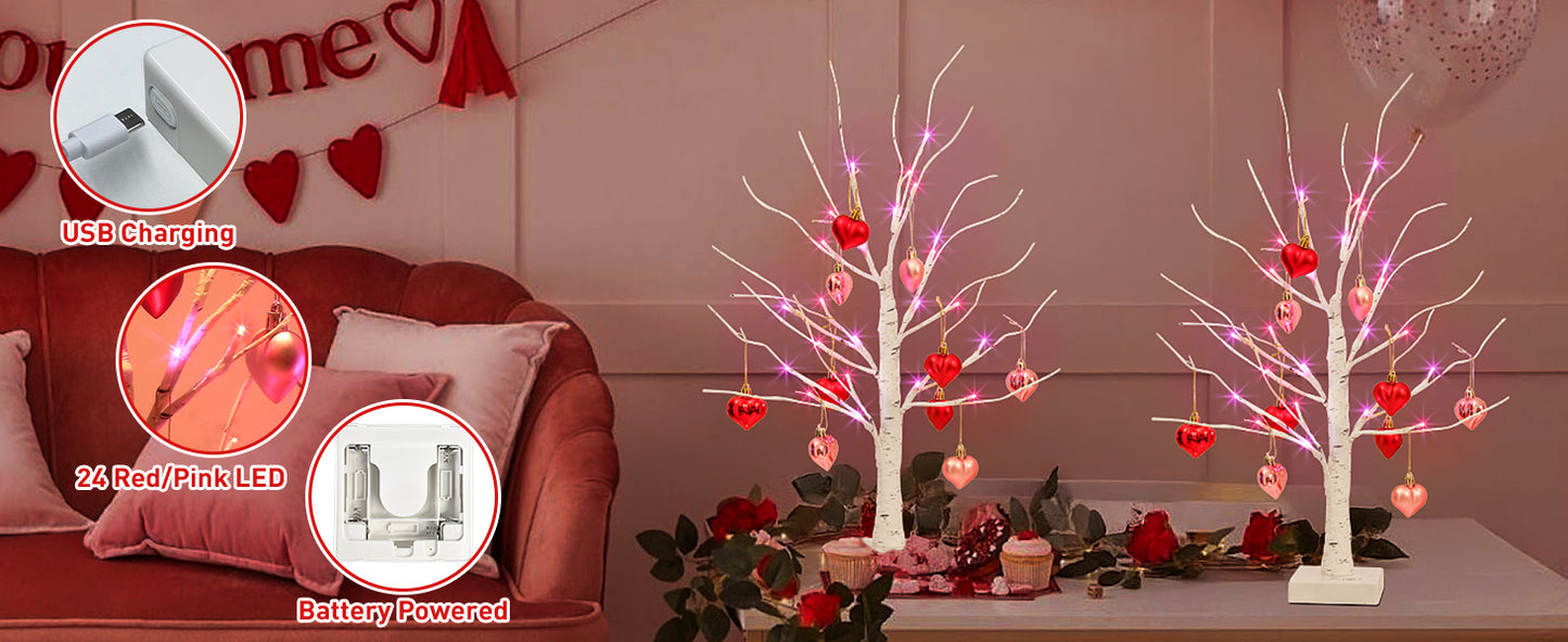2Pack Birch Tree with Heart-Shaped Ornaments, Lighted Artificial Tree with 24 LED Pink&Red Lights