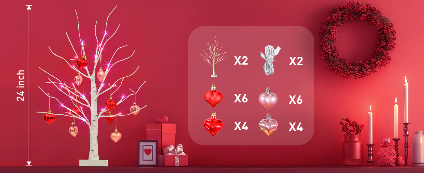 2Pack Birch Tree with Heart-Shaped Ornaments, Lighted Artificial Tree with 24 LED Pink&Red Lights