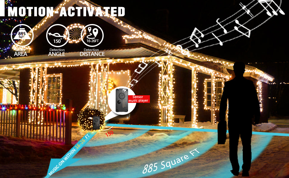 EAMBRITE 25m Lichterkette mit 200 warmweißen LEDs und fröhlicher Musik für Außendekoration