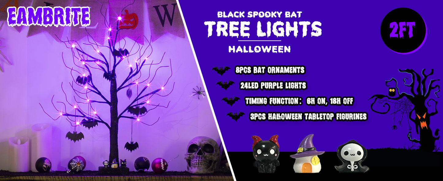 EAMBRITE halloweenský strom, 60 cm černý hrozivý strom s 24 LED fialovými světly a 8 netopýry