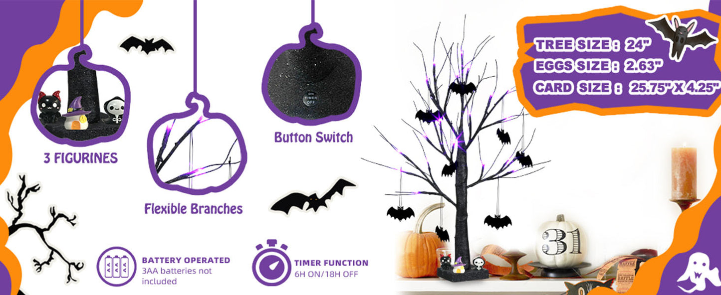 EAMBRITE halloweenský strom, 60 cm černý hrozivý strom s 24 LED fialovými světly a 8 netopýry