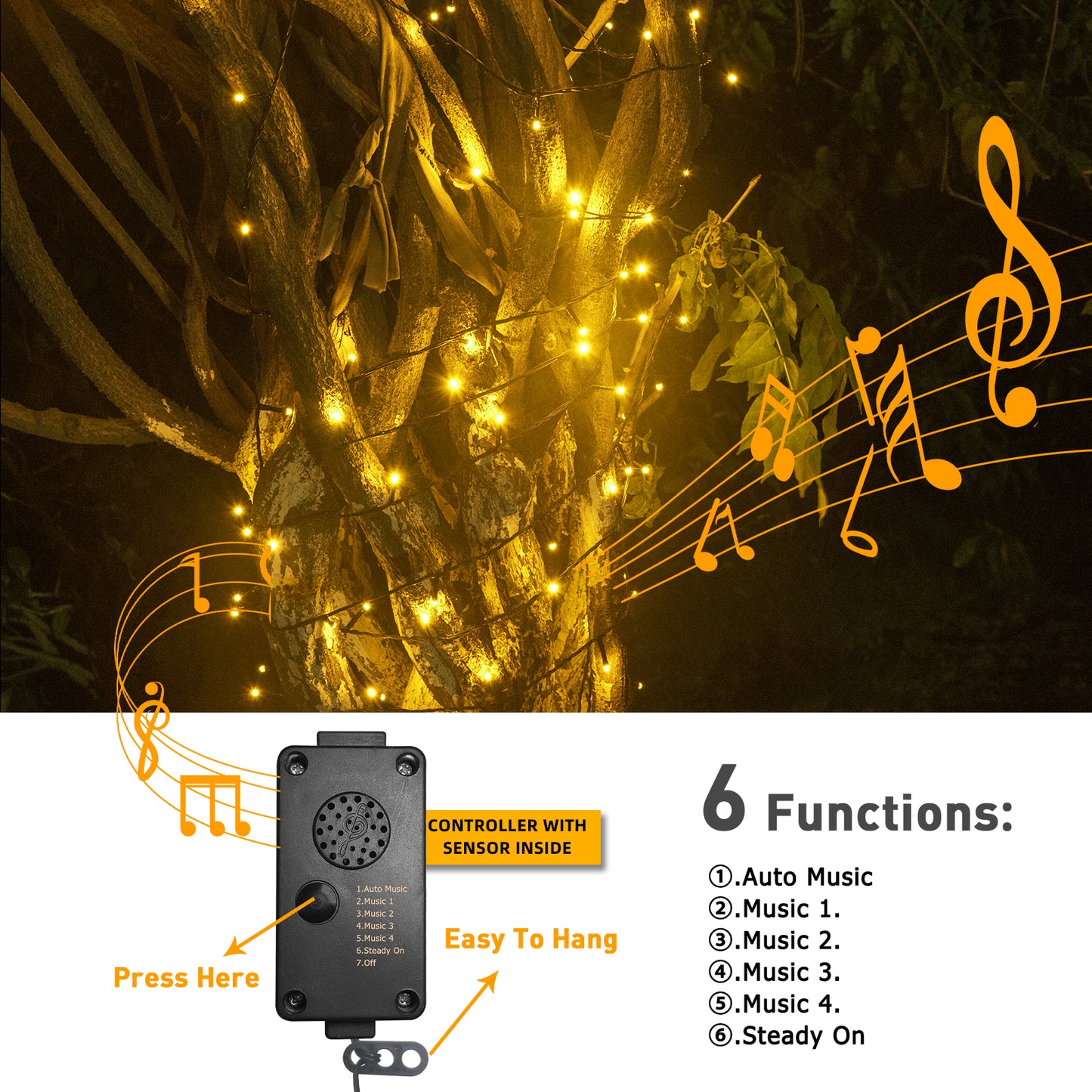 EAMBRITE 25m Lichterkette mit 200 warmweißen LEDs und fröhlicher Musik für Außendekoration