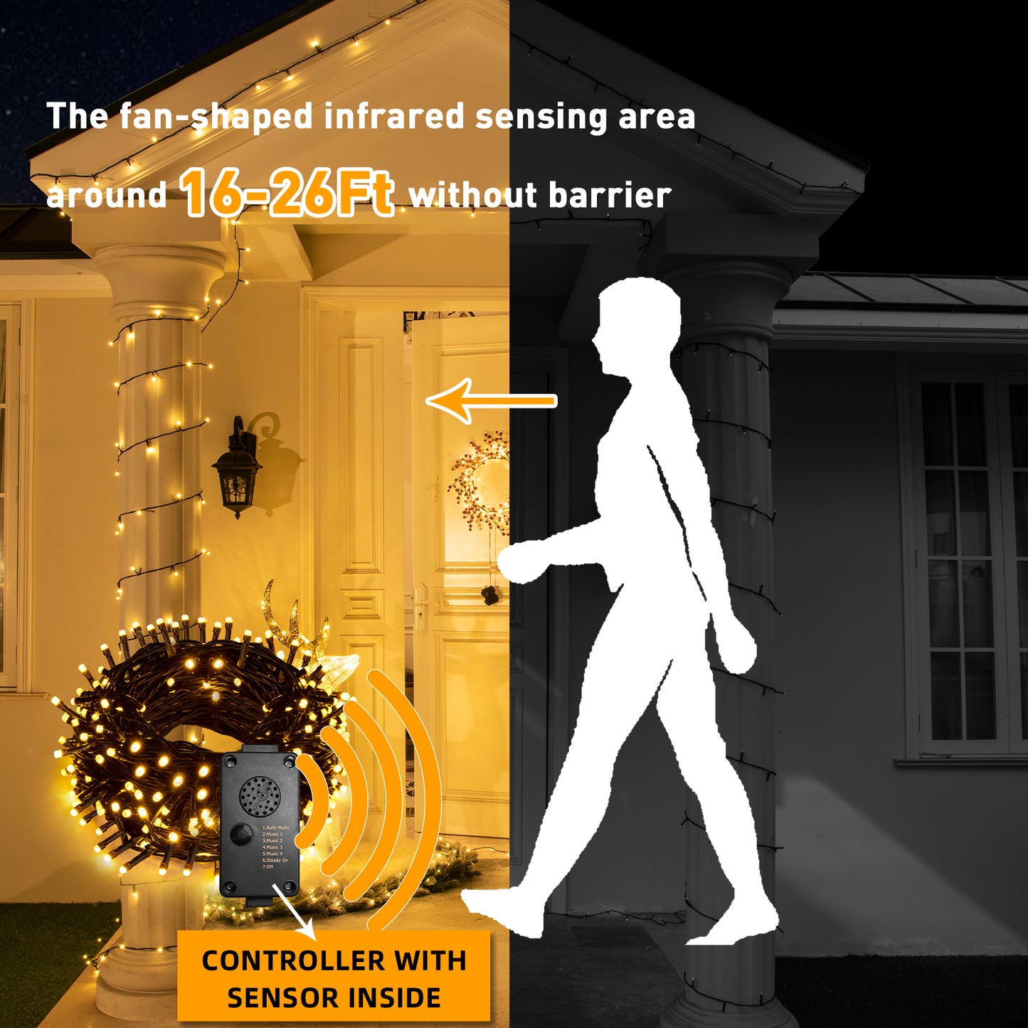 EAMBRITE 25m Lichterkette mit 200 warmweißen LEDs und fröhlicher Musik für Außendekoration