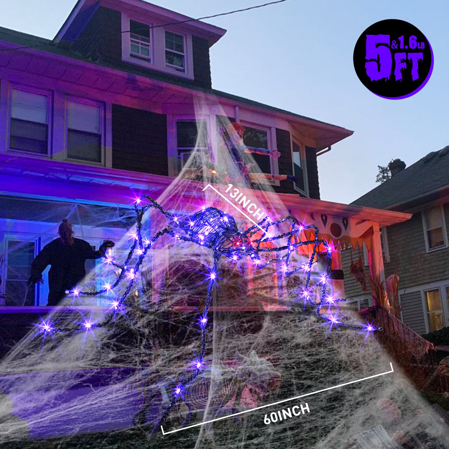 Araignée géante d'Halloween EAMBRITE de 1,5 m, araignée lumineuse d'extérieur avec 84 LED violettes