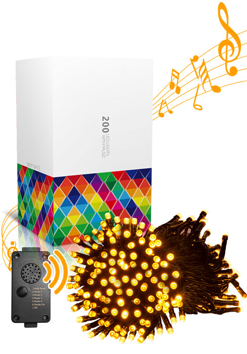 EAMBRITE 25m Lichterkette mit 200 warmweißen LEDs und fröhlicher Musik für Außendekoration