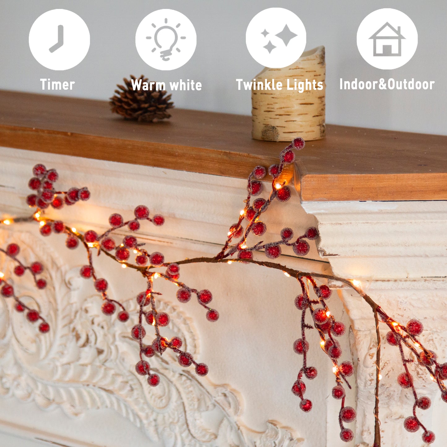 EAMBRITE Guirnalda de Bayas Rojas Iluminadas , Guirnalda de Navidad de 6 Pies con 88 LED y Luces Blancas Cálidas