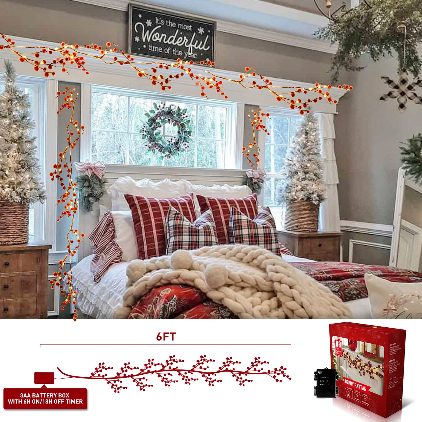 EAMBRITE Guirnalda de Bayas Rojas Iluminadas , Guirnalda de Navidad de 6 Pies con 88 LED y Luces Blancas Cálidas