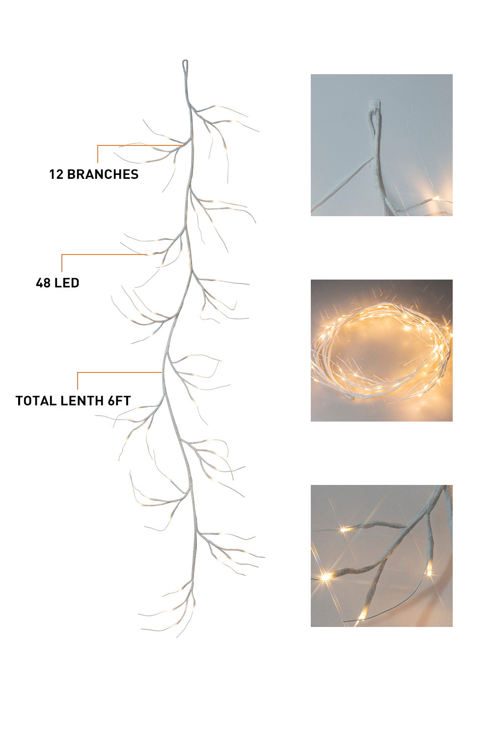  EAMBRITE Guirnaldas Blancas con Luces, Guirnaldas de Ramitas Iluminadas con 48 LED de 6 Pies, con Enchufe