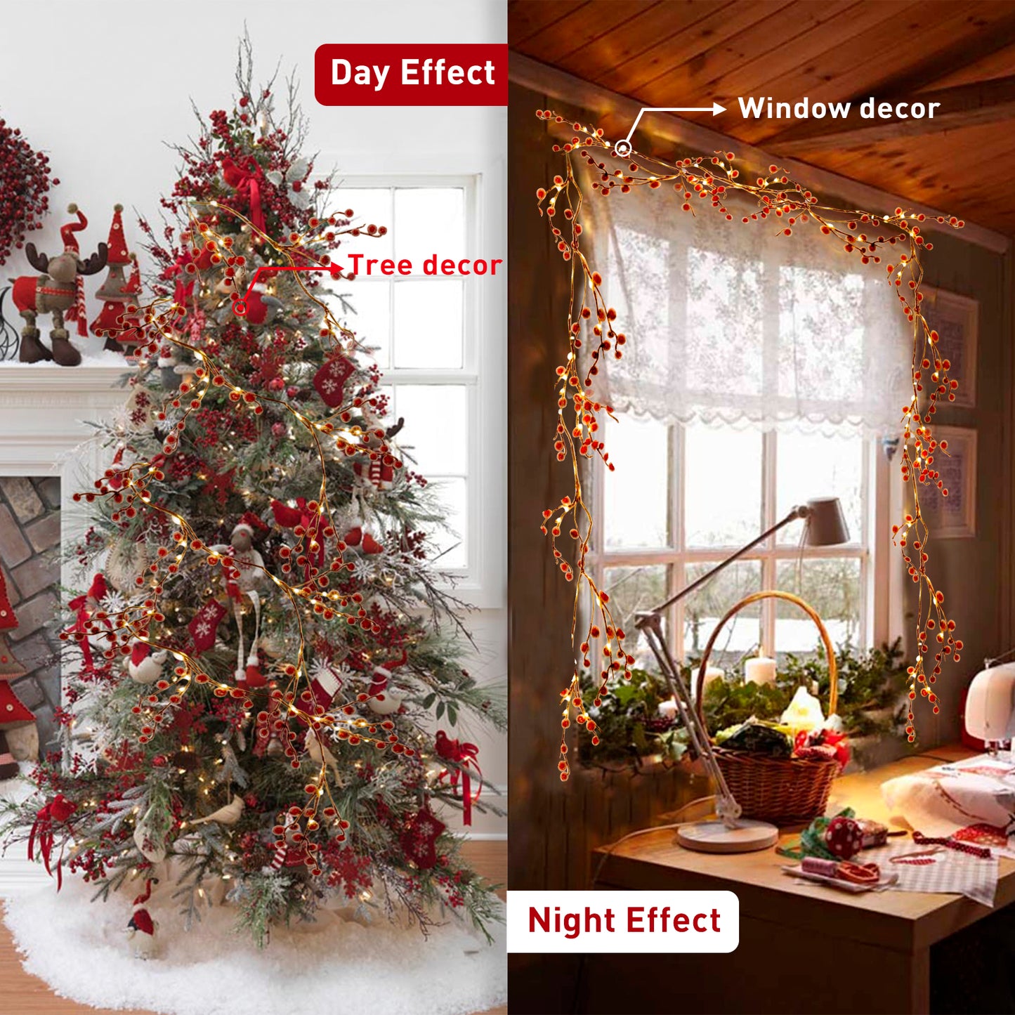 EAMBRITE Guirnalda de Bayas Rojas Iluminadas , Guirnalda de Navidad de 6 Pies con 88 LED y Luces Blancas Cálidas