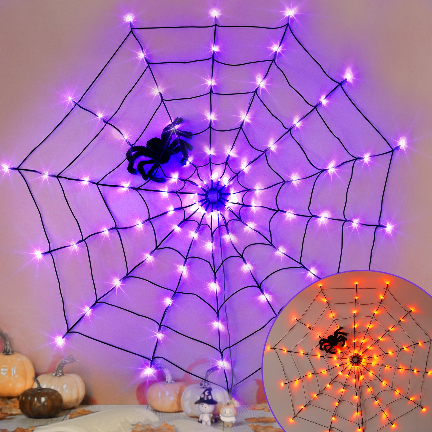 EAMBRITE 万圣节蜘蛛网灯，带 84 个 LED 橙色/紫色灯