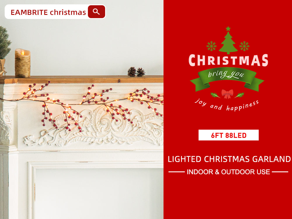 EAMBRITE Guirnalda de Bayas Rojas Iluminadas , Guirnalda de Navidad de 6 Pies con 88 LED y Luces Blancas Cálidas