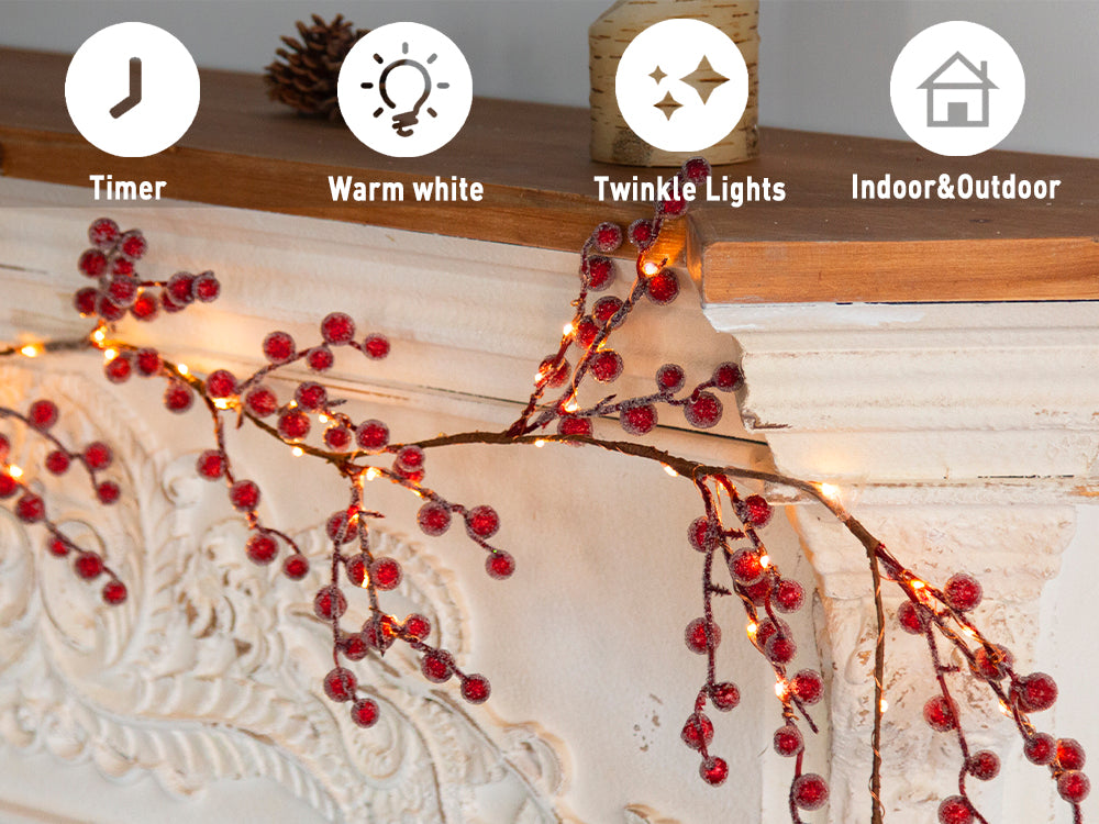EAMBRITE Guirnalda de Bayas Rojas Iluminadas , Guirnalda de Navidad de 6 Pies con 88 LED y Luces Blancas Cálidas