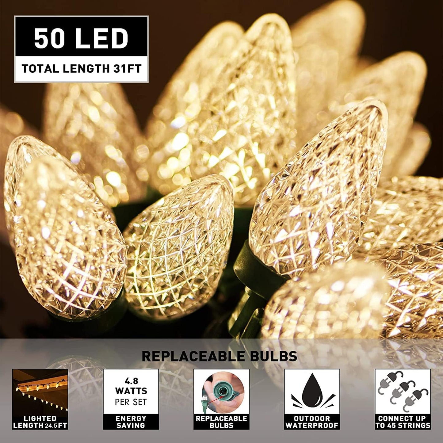 TETETATA C9 Outdoor Christmas Lights 31ft 50 LED String Lights