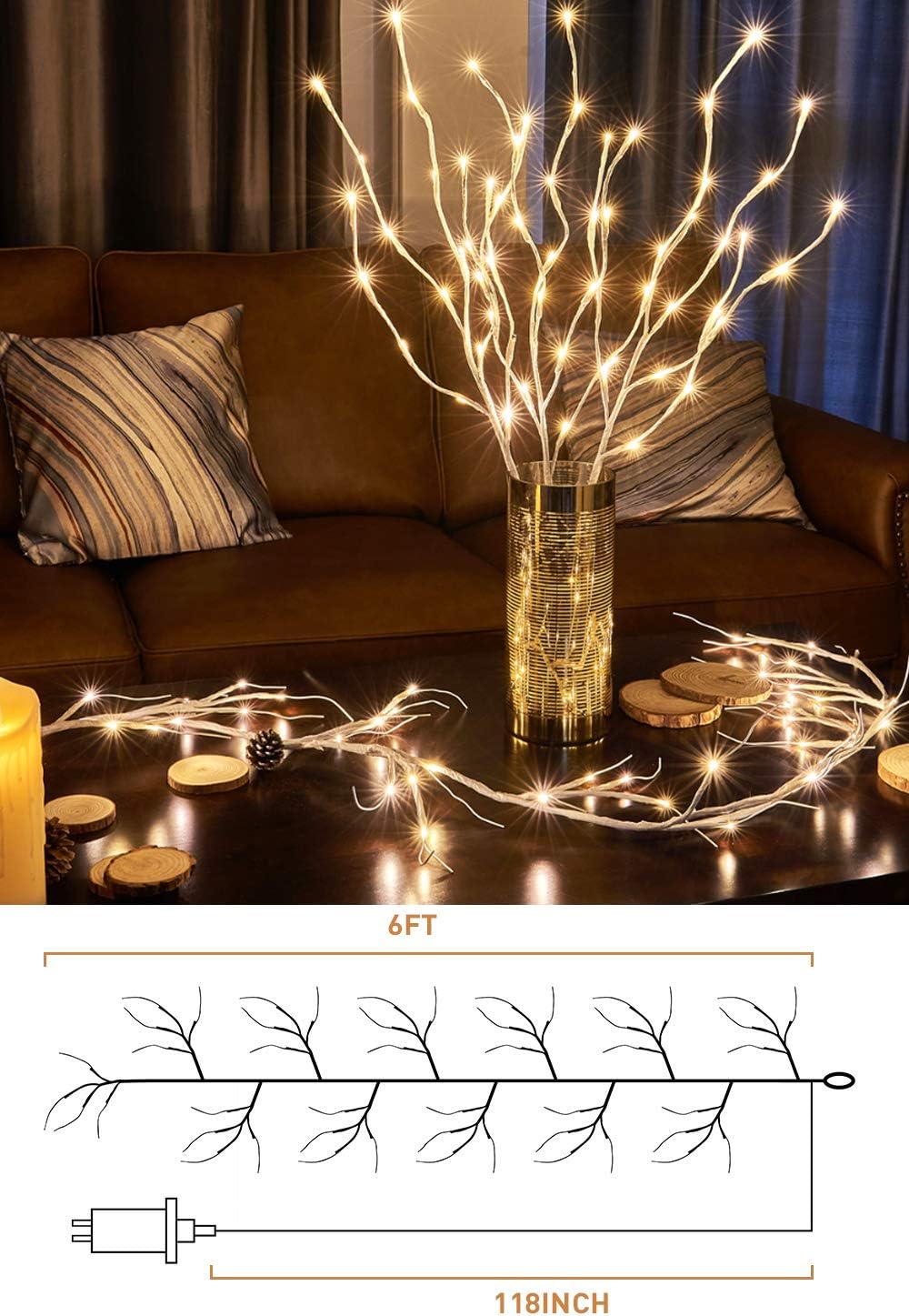  EAMBRITE Guirnaldas Blancas con Luces, Guirnaldas de Ramitas Iluminadas con 48 LED de 6 Pies, con Enchufe