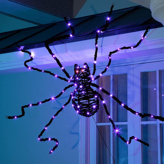 EAMBRITE 5 英尺万圣节巨型蜘蛛，户外点亮蜘蛛，带 84 个 LED 紫色灯