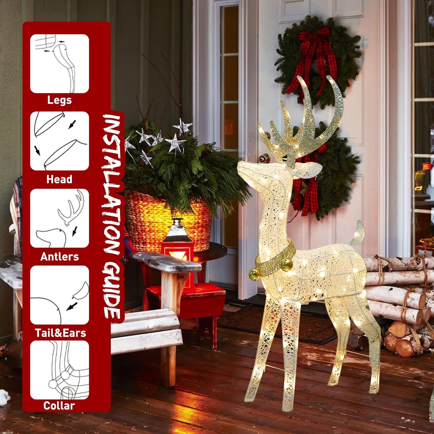 EAMBRITE 120 cm Vorbeleuchtetes Weihnachtsrentier mit 70 warmweißen LEDs
